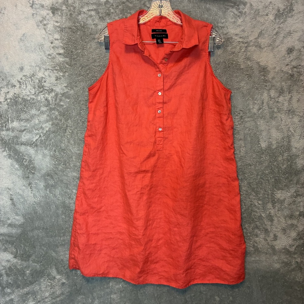 Tahari Womens Linen Coral Orange Sleeveless Shift Dress 1X Plus Popover Coastal